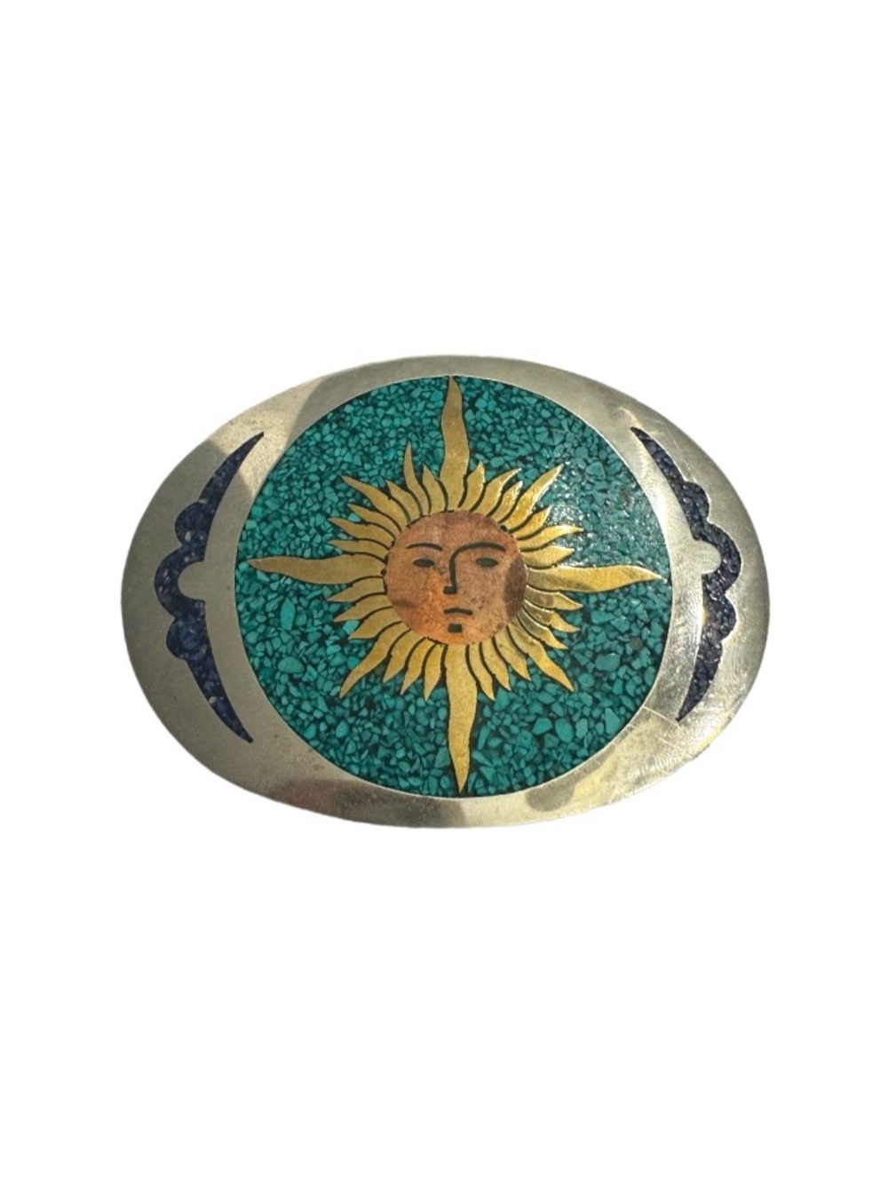 Vintage Belt Buckle Hand Made Mexico Silver Sun Face Turquoise Lapis Azul Inlay